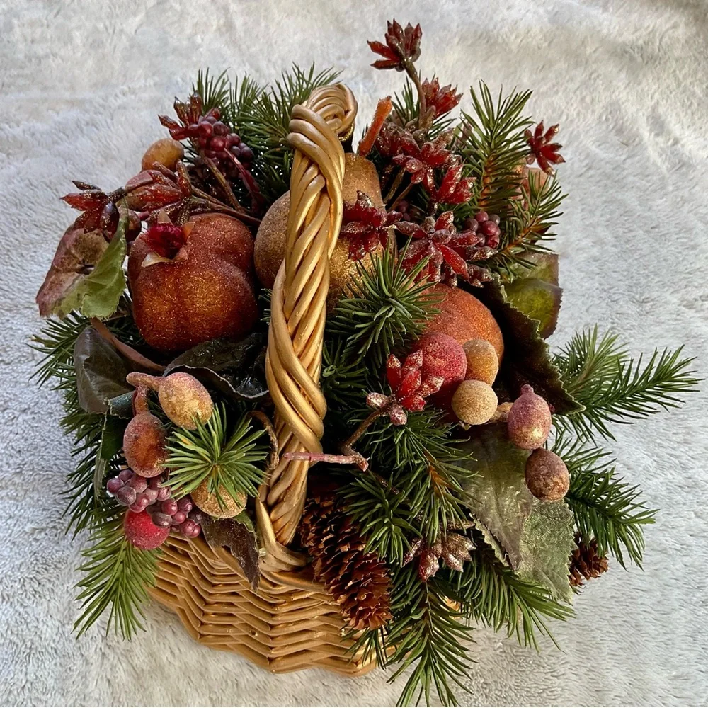 Gold Wicker Basket with Festive Holiday Flower Arrangement